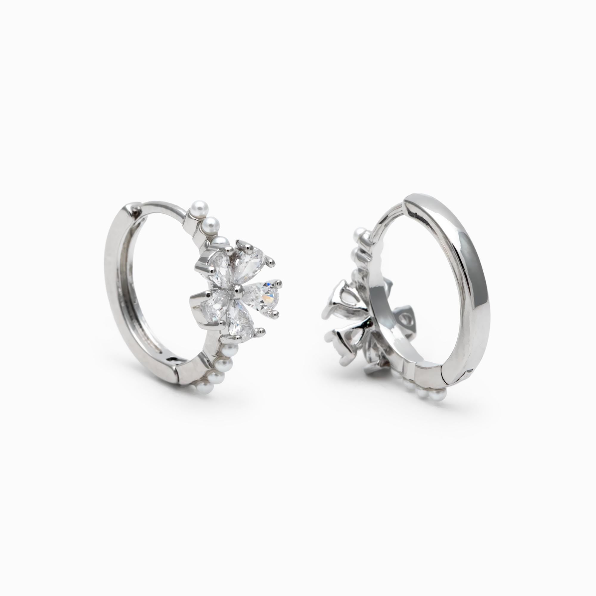 4pcs CZ Pave Gold/ Silver Flower Hoop Earrings, Faux Pearl Earrings, Dainty Huggie Earrings, Minimalist Earrings (GB-4739)
